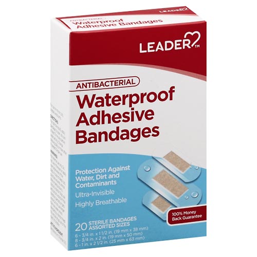 Image for Leader Adhesive Bandages, Antibacterial, Waterproof, Assorted Sizes,20ea from Beaumont Pharmacy